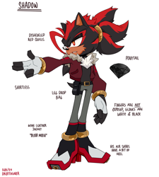 Size: 1800x2000 | Tagged: safe, artist:droffie, shadow the hedgehog, alternate outfit, alternate universe, au:team emerald, belt, chaos emerald, cheek fluff, clothes, english text, jacket, looking offscreen, pants, pointing, ponytail, reference sheet, simple background, solo, standing, white background