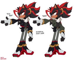 Size: 2048x1651 | Tagged: safe, artist:droffie, shadow the hedgehog, alternate universe, alternate version, au:team emerald, belt, cheek fluff, english text, jacket, looking offscreen, pants, ponytail, reference sheet, simple background, standing, white background