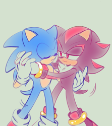 Size: 1821x2048 | Tagged: safe, artist:dianisdibuja, shadow the hedgehog, sonic the hedgehog, cute, dancing, duo, eyes closed, gay, green background, holding each other, lidded eyes, looking at them, shadow x sonic, shipping, simple background, smile, standing