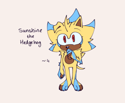 Size: 1477x1210 | Tagged: safe, artist:yellowvixen, oc, oc:sunshine the hedgehog, hedgehog, character name, child, claws, fankid, floppy ear, grey background, looking ahead, magical gay spawn, parent:shadow, parent:sonic, parents:sonadow, paws, simple background, solo, standing