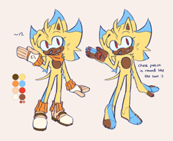 Size: 1922x1578 | Tagged: safe, artist:yellowvixen, oc, oc:sunshine the hedgehog, hedgehog, claws, duality, english text, fankid, fingerless gloves, floppy ear, grey background, magical gay spawn, older, parent:shadow, parent:sonic, parents:sonadow, pawpads, simple background, smile, solo, standing, teenager