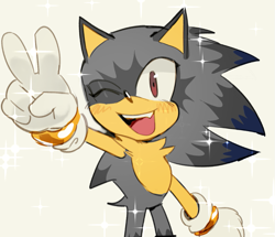 Size: 857x738 | Tagged: safe, artist:maitroll, oc, oc:meadow the hedgehog, hedgehog, alternate universe, au:sonadow fail dads, chest fluff, cute, fankid, grey background, grey fur, oc only, one fang, parent:shadow, parent:sonic, parents:sonadow, red eyes, simple background, smile, solo, sparkles, standing, v sign, wink