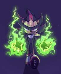 Size: 1650x2000 | Tagged: safe, artist:galaxylover06, shadow the hedgehog, clenched teeth, crown, front view, frown, king shadow, looking at viewer, purple background, redraw, signature, simple background, solo, walking