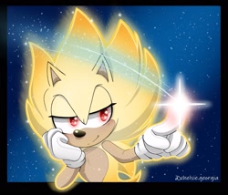 Size: 2047x1755 | Tagged: safe, artist:chelsiegeorgia, sonic the hedgehog, super sonic, abstract background, border, glowing eyes, head rest, looking at something, shooting star, signature, smile, solo, star (sky), super form