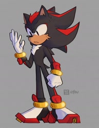 Size: 1280x1654 | Tagged: safe, artist:itfev, shadow the hedgehog, cheek fluff, clenched fist, ear fluff, grey background, looking offscreen, mouth open, signature, simple background, solo, standing