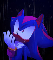 Size: 1991x2224 | Tagged: safe, artist:sonicposting, shadow the hedgehog, black background, frown, looking up, rain, simple background, solo, wet