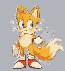 Size: 780x857 | Tagged: safe, artist:yuukar0, miles "tails" prower, blushing, clenched fist, cute, fluffy, grey background, heart, looking offscreen, signature, simple background, smile, solo, sparkles, standing, tailabetes