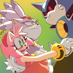 Size: 1280x1280 | Tagged: safe, artist:viliantropy, amy rose, blaze the cat, metal sonic, cat, hedgehog, 2024, amy x blaze, amy's halterneck dress, bisexual, blaze's tailcoat, female, holding hands, lesbian, looking at each other, metamy, mouth open, protecting, robot, scared, shipping