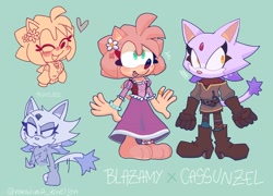 Size: 2047x1471 | Tagged: safe, artist:silver-varian, amy rose, blaze the cat, cat, hedgehog, 2023, alternate version, amy x blaze, crossover, eyes closed, female, females only, flower, heart, lesbian, shipping, tongue out