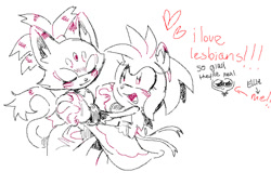 Size: 775x529 | Tagged: safe, artist:urunclesonic, amy rose, blaze the cat, cat, hedgehog, 2024, amy x blaze, amy's halterneck dress, blaze's tailcoat, cute, english text, eyes closed, female, females only, hearts, holding hands, lesbian, line art, looking at them, mouth open, shipping, sketch