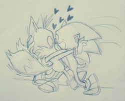 Size: 2048x1659 | Tagged: safe, artist:emilywiccan, editor:sontailsreddit, miles "tails" prower, sonic the hedgehog, 2017, 2024, duo, edit, eyes closed, gay, heart, holding them, kiss, line art, looking at them, shipping, shrunken pupils, sonic x tails, surprise kiss, surprised, traditional media, upscaled