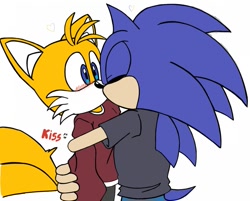 Size: 1073x863 | Tagged: safe, artist:noexistente_1, miles "tails" prower, sonic the hedgehog, 2024, clothes, duo, eyes closed, flat colors, gay, holding them, hugging, kiss, looking at them, pants, sfx, shipping, shirt, sonic x tails