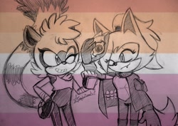 Size: 2048x1447 | Tagged: safe, artist:amelyzoneart, tangle the lemur, whisper the wolf, 2023, duo, lesbian, line art, looking at each other, pride, pride flag, pride flag background, shipping, signature, smile, standing, tangle x whisper, wink