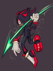 Size: 768x1024 | Tagged: safe, artist:circuscoyote, shadow the hedgehog, 2024, electricity, energy sword, frown, grey background, holding something, looking back, looking back at viewer, simple background, solo