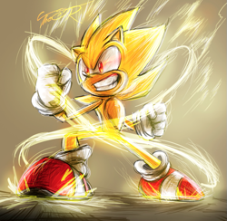 Size: 717x700 | Tagged: safe, artist:_thejr, sonic the hedgehog, super sonic, 2024, beige background, clenched fists, clenched teeth, looking offscreen, simple background, smile, solo, standing, super form
