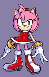 Size: 1294x2048 | Tagged: safe, artist:randomguy9991, amy rose, looking offscreen, purple background, simple background, smile, solo, standing