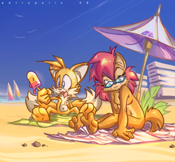 Size: 1324x1225 | Tagged: safe, artist:edtropolis, miles "tails" prower, sally acorn, barefoot, beach, ice cream