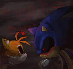 Size: 918x870 | Tagged: safe, artist:kikkawa-sei, sonic the hedgehog, tails doll, oc, oc:sonic.exe, 2015, abstract background, black sclera, bleeding, bleeding from eyes, blood, duo, english text, looking at each other