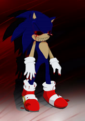 Size: 2149x3035 | Tagged: safe, artist:blueblurapple, oc, oc:sonic.exe, 2013, abstract background, black sclera, bleeding, bleeding from eyes, blood, clenched teeth, glowing eyes, lidded eyes, looking offscreen, smile, solo, standing, yellow teeth