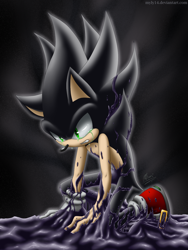 Size: 1200x1600 | Tagged: safe, artist:myly14, sonic the hedgehog, 2013, clenched teeth, crying, dark form, dark sonic, kneeling, liquid, looking down, solo, tears