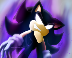 Size: 1478x1200 | Tagged: safe, artist:myly14, sonic the hedgehog, 2013, clenched teeth, dark form, dark sonic, glowing eyes, lineless, looking at viewer, looking down, looking down at viewer, signature, solo, standing