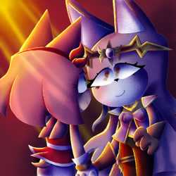 Size: 1080x1080 | Tagged: safe, artist:head---ache, amy rose, blaze the cat, cat, hedgehog, 2022, amy x blaze, cute, female, females only, lesbian, looking at each other, shipping, smile