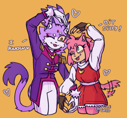 Size: 1500x1391 | Tagged: safe, artist:vilegato, amy rose, blaze the cat, cat, hedgehog, 2022, amy x blaze, cute, english text, female, females only, heart hands, hearts, lesbian, one eye closed, shipping, tail wagging, tongue out