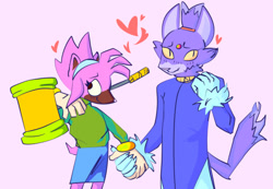 Size: 540x374 | Tagged: safe, artist:argonia, amy rose, blaze the cat, cat, hedgehog, 2020, amy x blaze, cute, female, females only, hearts, holding hands, lesbian, looking at viewer, piko piko hammer, shipping