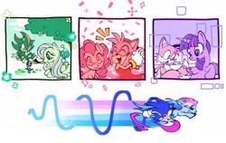 Size: 2048x1298 | Tagged: safe, artist:chipchappcomic, amy rose, miles "tails" prower, shadow the hedgehog, sonic the hedgehog, chao, crossover, fluttershy, my little pony, pinkie pie, rainbow dash, twilight sparkle