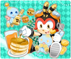 Size: 1200x1000 | Tagged: safe, artist:tikal_love, charmy bee, chao, 2024, abstract background, chaobetes, charmabetes, cup, cute, food, fork, heart, holding something, honey, juice, lemon, neutral chao, orange juice, outline, pancake, plate, sitting, smile, starry eyes, tongue out, trio