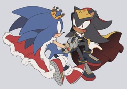 Size: 2047x1421 | Tagged: safe, artist:roastedgarlics2, shadow the hedgehog, sonic the hedgehog, 2024, blushing, cape, crown, duo, gay, holding hands, king shadow, king sonic, looking at each other, shadow x sonic, shipping, sweatdrop