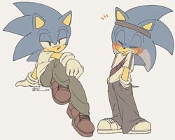 Size: 2000x1600 | Tagged: safe, artist:te____zz, sonic the hedgehog, 2024, alternate shoes, belt, blushing, clothes, cute, duality, eyes closed, grey background, hand in pocket, headband, lidded eyes, pants, shirt, shoes, signature, simple background, sitting, smile, solo, standing