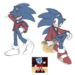 Size: 746x745 | Tagged: safe, artist:jazzmm15, sonic the hedgehog, 2024, duality, eyes closed, hand behind head, looking at viewer, reference inset, simple background, sitting, smile, solo, topwear, walking, white background