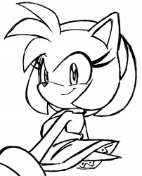 Size: 1656x2048 | Tagged: safe, artist:randomguy9991, amy rose, 2024, line art, looking at viewer, looking back, looking back at viewer, simple background, smile, solo, white background