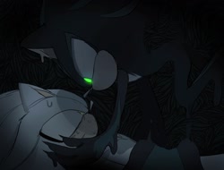 Size: 2048x1553 | Tagged: safe, artist:tamjeong_sonic, mephiles the dark, silver the hedgehog, 2024, abstract background, bondage, duo, gay, glowing eyes, hand on another's face, liquid, looking at each other, mephilver, shipping, tied up