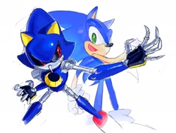 Size: 2048x1536 | Tagged: safe, artist:tokiwa757, metal sonic, sonic the hedgehog, black sclera, duo, looking at them, looking at viewer, simple background, smile, standing, white background