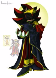 Size: 899x1249 | Tagged: safe, artist:loonnbee, shadow the hedgehog, 2024, cape, crown, eyes closed, king shadow, redesign, reference inset, signature, solo, standing