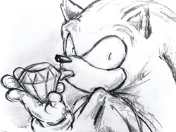 Size: 1092x817 | Tagged: safe, artist:curly_quills, sonic the hedgehog, 2024, chaos emerald, licking, line art, looking back at viewer, pencilwork, shrunken pupils, sketch, solo, surprised, tongue out, traditional media
