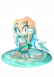 Size: 1432x2048 | Tagged: safe, artist:nuinu_17, tikal, blushing, looking at viewer, simple background, sitting, smile, solo, water, wet, white background