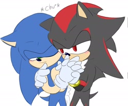 Size: 2048x1696 | Tagged: safe, artist:krazzyakux, shadow the hedgehog, sonic the hedgehog, 2024, chu, duo, flat colors, gay, kiss on hand, lidded eyes, looking at them, one eye closed, sfx, shadow x sonic, shipping, simple background, standing, white background