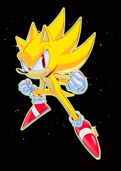 Size: 1448x2048 | Tagged: safe, artist:spideyej, sonic the hedgehog, super sonic, 2024, clenched fists, flying, looking at viewer, outline, smile, solo, star (sky), super form