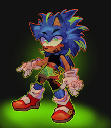 Size: 979x1131 | Tagged: safe, artist:polterquest, sonic the hedgehog, blushing, clothes, colored quills, cute, mouth open, redesign, ring, shorts, smile, solo, sonabetes, standing