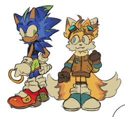 Size: 793x743 | Tagged: safe, artist:polterquest, miles "tails" prower, sonic the hedgehog, aviator jacket, blue shoes, clothes, colored ears, colored quills, cute, duo, holding something, looking at them, one fang, redesign, ring, shorts, simple background, smile, standing, white background