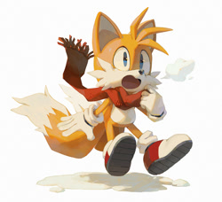 Size: 1097x1000 | Tagged: safe, artist:bluekomadori, miles "tails" prower, lineless, looking offscreen, mid-air, mouth open, scarf, shadow (lighting), simple background, solo, surprised, white background