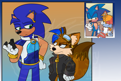 Size: 2048x1365 | Tagged: safe, artist:theangrycomet, miles "tails" prower, sonic the hedgehog, alternate eye color, brown eyes, brown fur, colored ears, duo, dyed hair, ear fluff, ear piercing, earring, fake screenshot, frown, goggles, goggles on head, hand on hip, jacket, looking at each other, obtrusive watermark, redesign, redraw, reference inset, standing, watermark