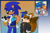 Size: 2048x1365 | Tagged: safe, artist:theangrycomet, miles "tails" prower, sonic the hedgehog, alternate eye color, brown eyes, brown fur, colored ears, duo, dyed hair, ear fluff, ear piercing, earring, fake screenshot, frown, goggles, goggles on head, hand on hip, jacket, looking at each other, obtrusive watermark, redesign, redraw, reference inset, standing, watermark