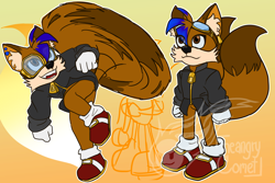 Size: 2048x1365 | Tagged: safe, artist:theangrycomet, miles "tails" prower, sonic underground, abstract background, alternate eye color, brown eyes, brown fur, dyed hair, ear fluff, ear piercing, earring, eye clipping through hair, flying, goggles, goggles on head, jacket, obtrusive watermark, outline, redesign, smile, solo, spinning tails, standing, watermark