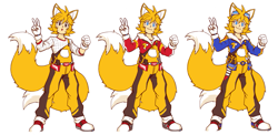 Size: 1195x583 | Tagged: safe, artist:thepinkgalaxy, miles "tails" prower, human, alternate universe, au:fate grand order, clothes, humanized, simple background, smile, solo, v sign, white background