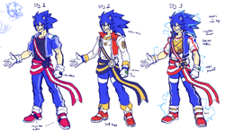 Size: 1152x675 | Tagged: safe, artist:thepinkgalaxy, sonic the hedgehog, human, alternate universe, au:fate grand order, clothes, electricity, english text, humanized, simple background, smile, solo, standing, white background
