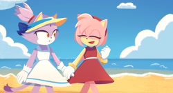 Size: 1829x985 | Tagged: safe, artist:nikkiartchives, amy rose, blaze the cat, cat, hedgehog, 2024, amy x blaze, beach, cute, eyes closed, female, females only, lesbian, mouth open, shipping, swimsuit
